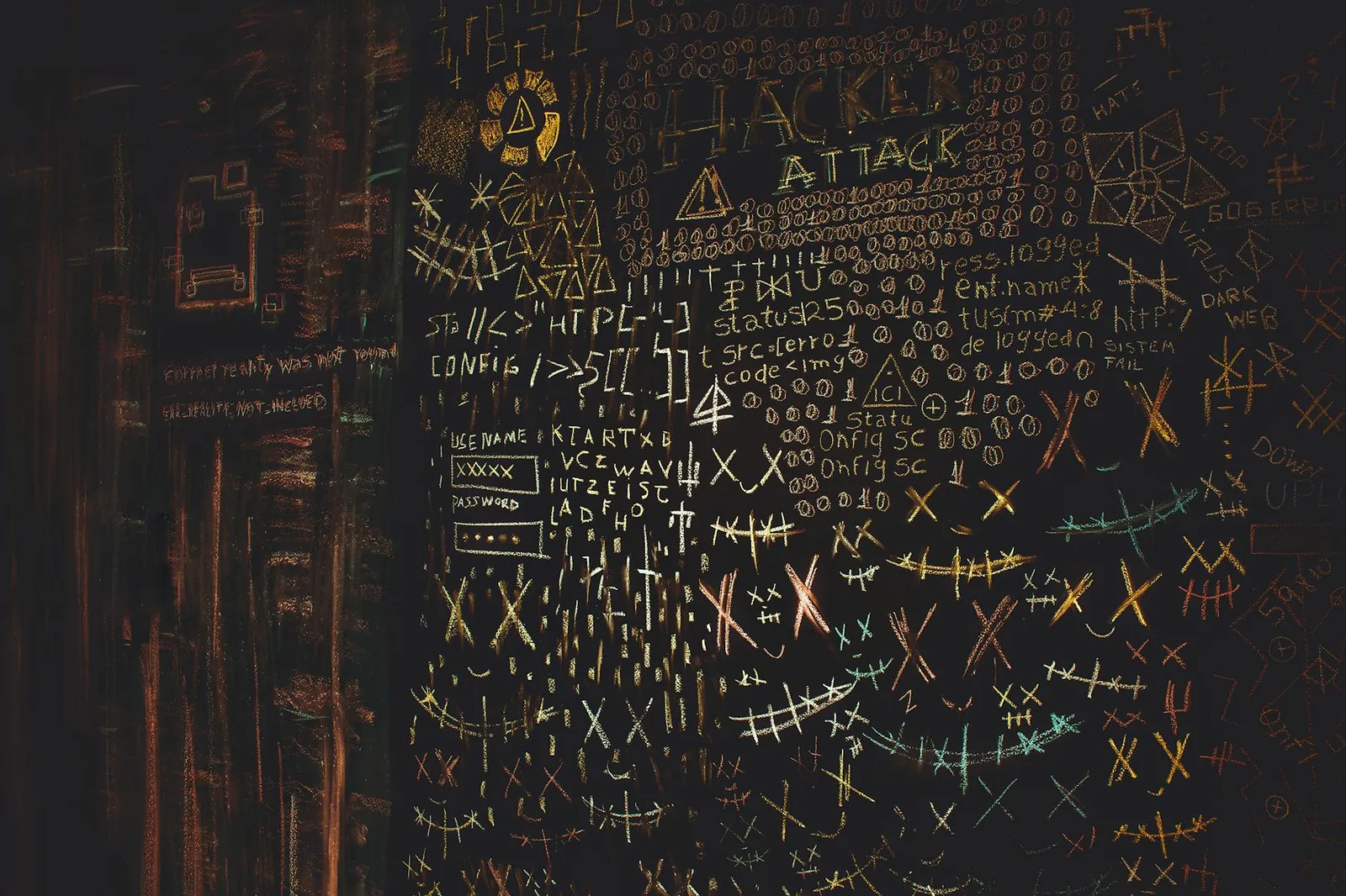 Best API Security Tools in 2026: Top 8 Compared — Chalkboard filled with complex cybersecurity and hacking symbols in colorfu…