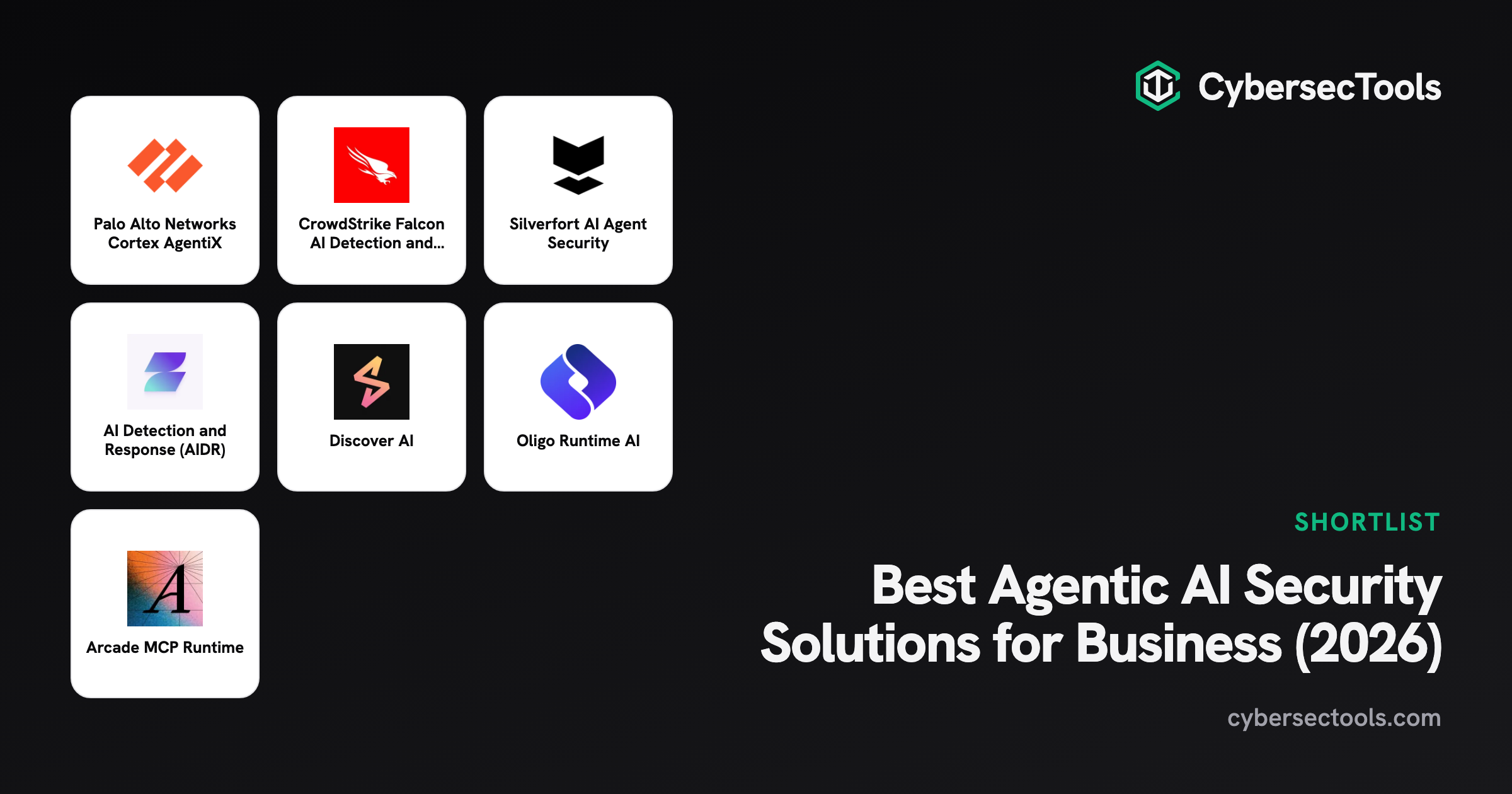 Best Agentic AI Security Solutions for Business (2026). Logos of Palo Alto Networks Cortex AgentiX, CrowdStrike Falcon AI ...