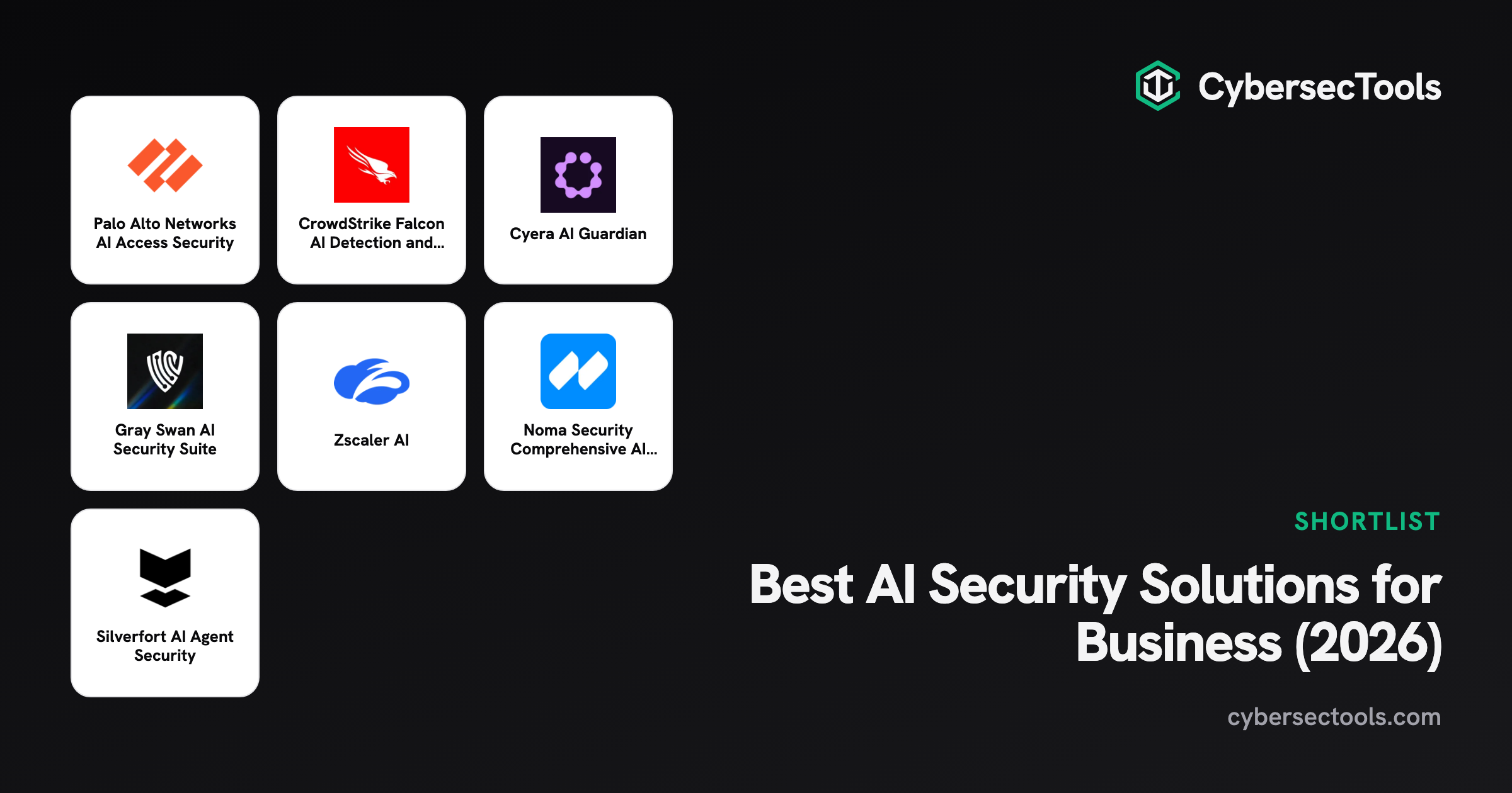 Best AI Security Solutions for Business (2026). Logos of Palo Alto Networks AI Access Security, CrowdStrike Falcon AI Dete...