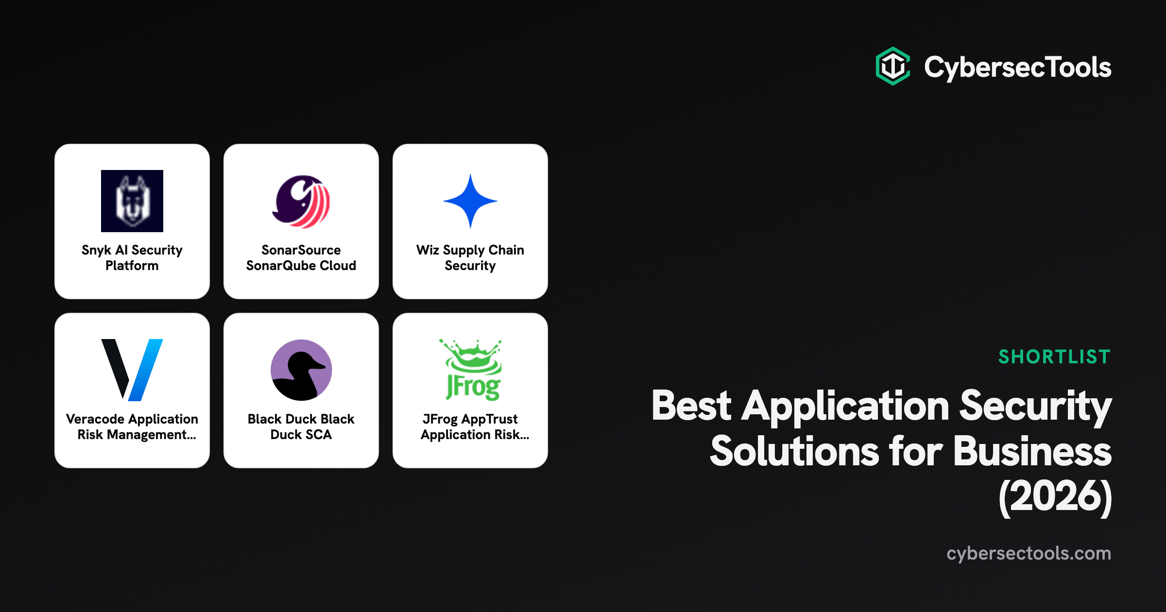 Best Application Security Solutions for Business (2026). Logos of Snyk AI Security Platform, SonarSource SonarQube Cloud, ...