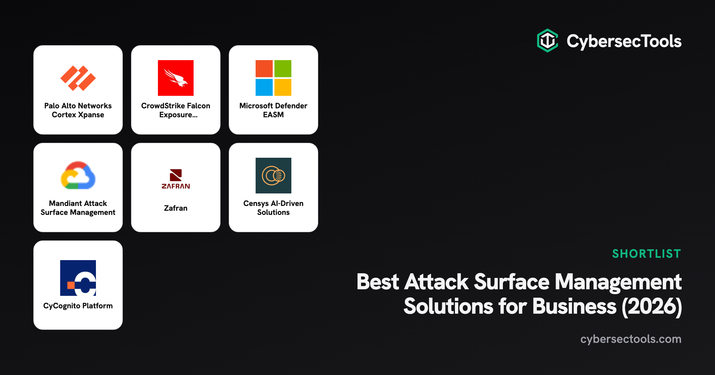 Best Attack Surface Management Solutions for Business (2026). Logos of Palo Alto Networks Cortex Xpanse, CrowdStrike Falco...