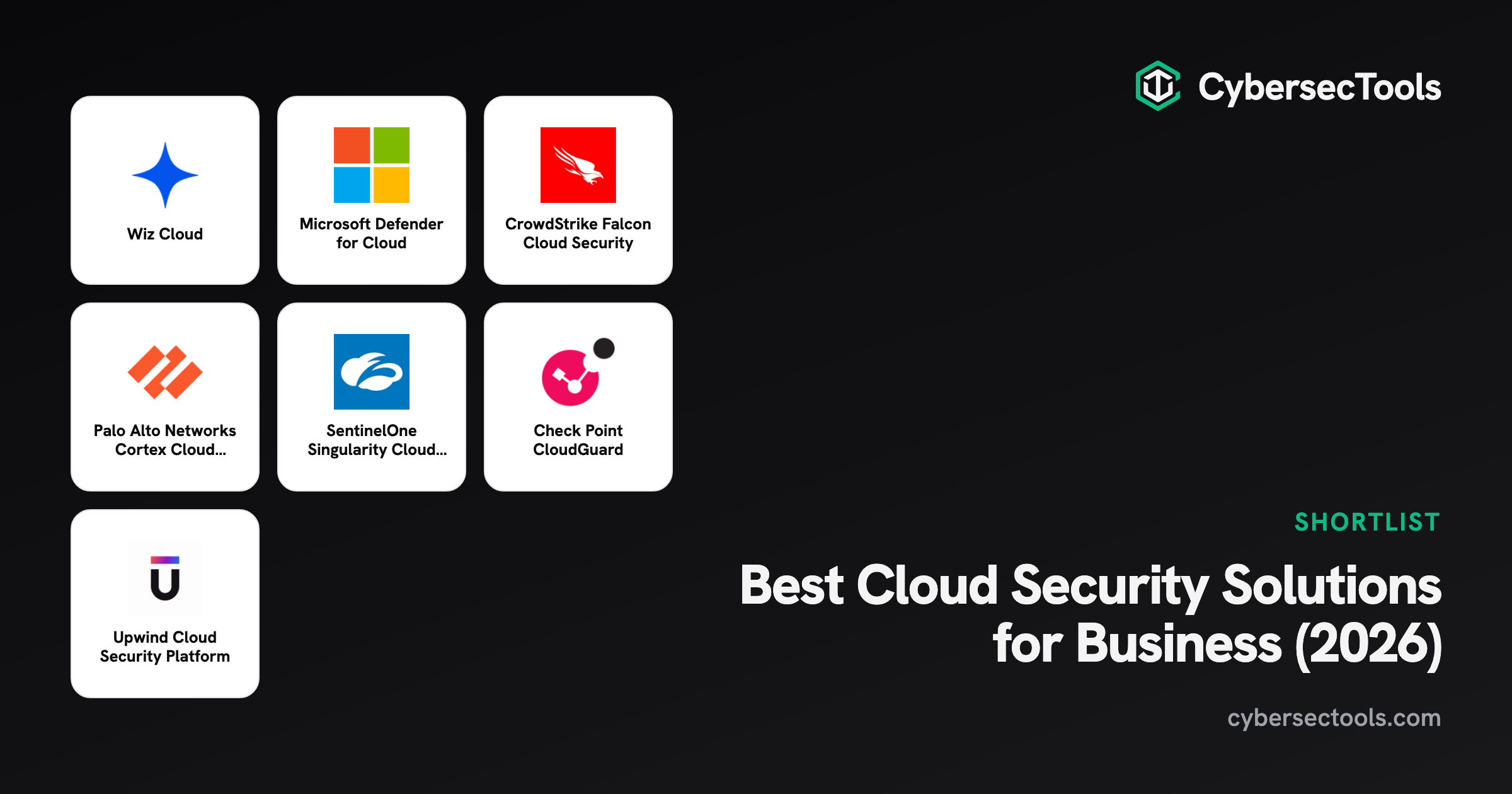 Best Cloud Security Solutions for Business (2026). Logos of Wiz Cloud, Microsoft Defender for Cloud, CrowdStrike Falcon Cl...