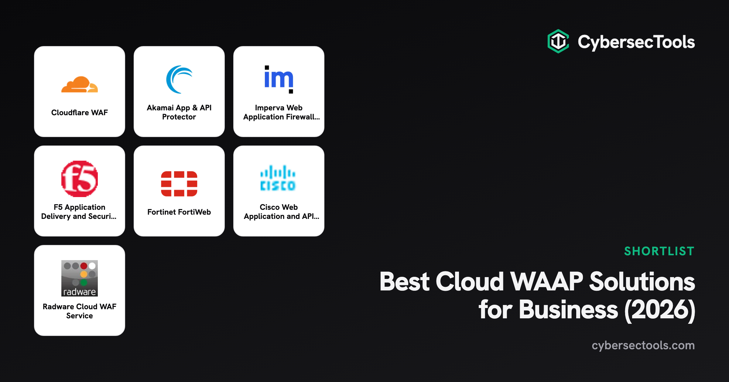 Best Cloud WAAP Solutions for Business (2026). Logos of Cloudflare WAF, Akamai App & API Protector, Imperva Web Applicatio...