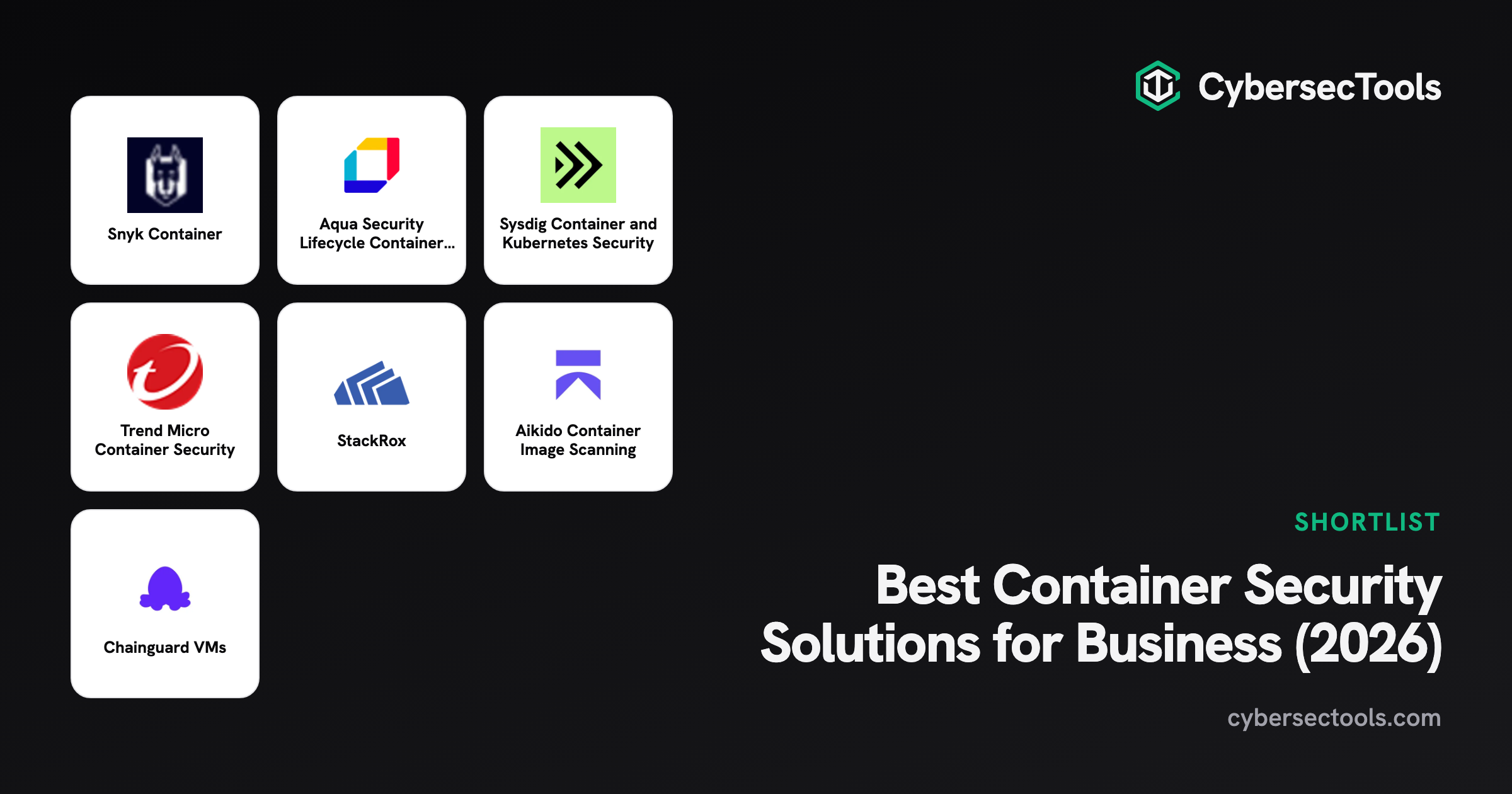 Best Container Security Solutions for Business (2026). Logos of Snyk Container, Aqua Security Lifecycle Container Security...