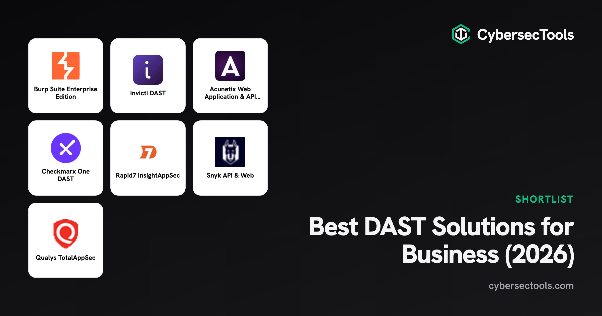 Best DAST Solutions for Business (2026). Logos of Burp Suite Enterprise Edition, Invicti DAST, Acunetix Web Application & ...