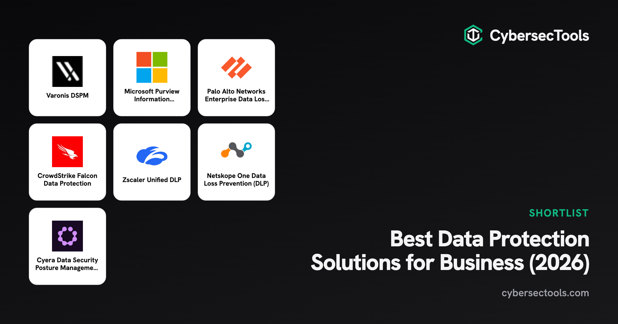 Best Data Protection Solutions for Business (2026). Logos of Varonis DSPM, Microsoft Purview Information Protection, Palo ...