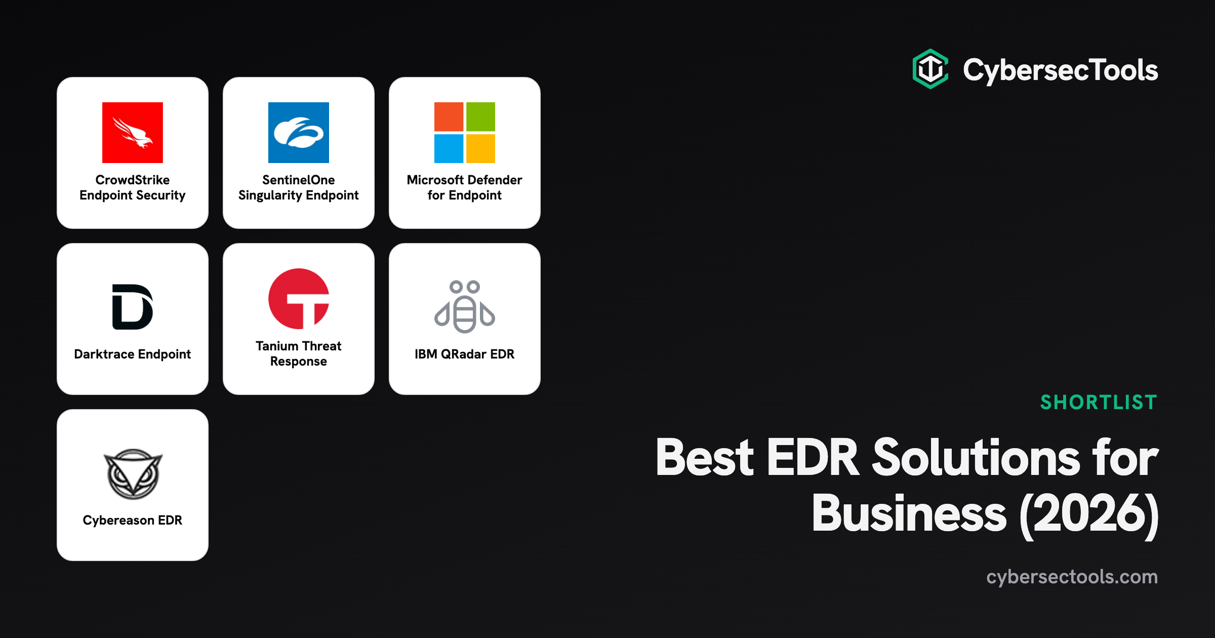 Best EDR Solutions for Business (2026). Logos of CrowdStrike Endpoint Security, SentinelOne Singularity Endpoint, Microsof...