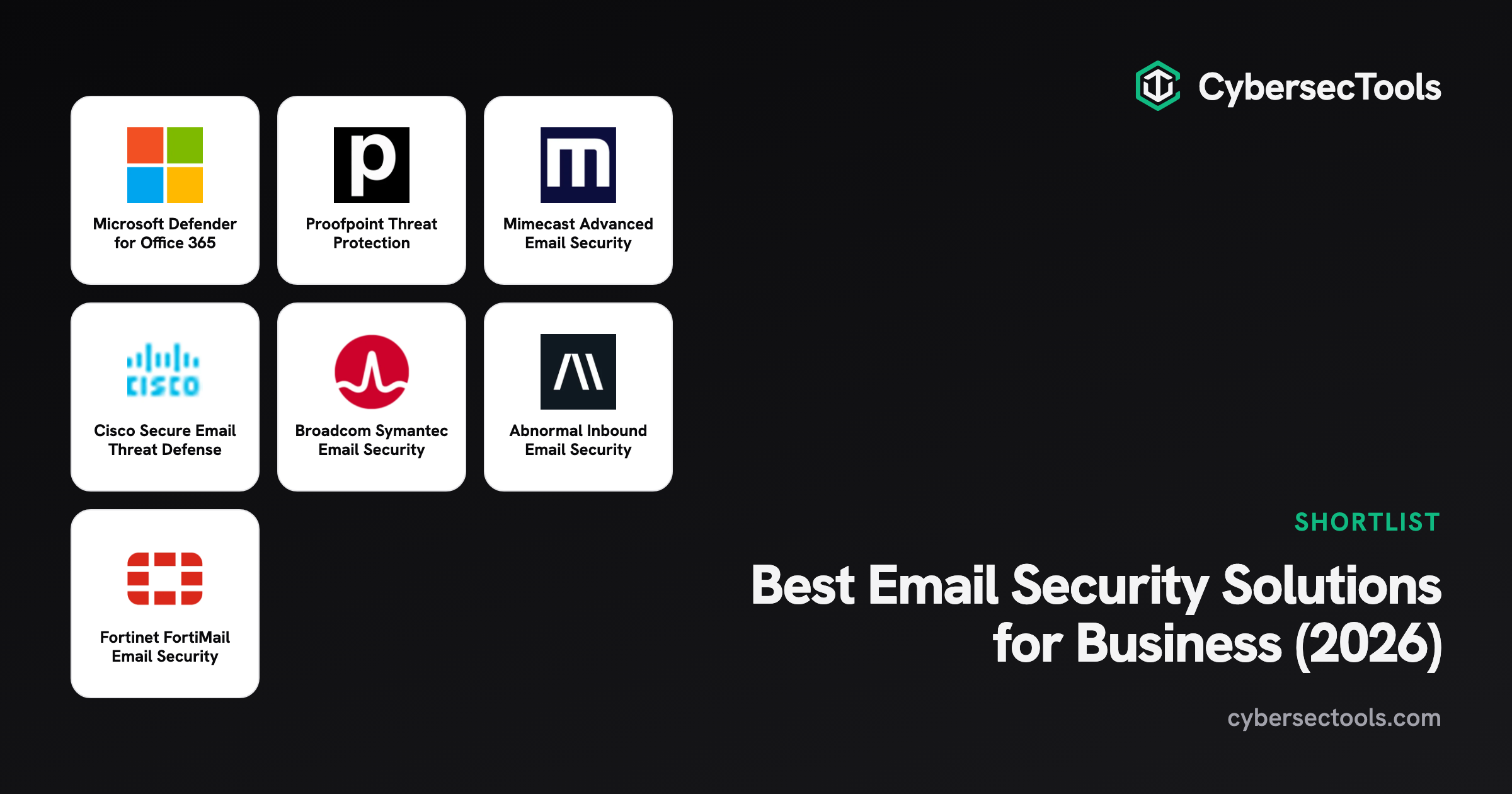 Best Email Security Solutions for Business (2026). Logos of Microsoft Defender for Office 365, Proofpoint Threat Protectio...