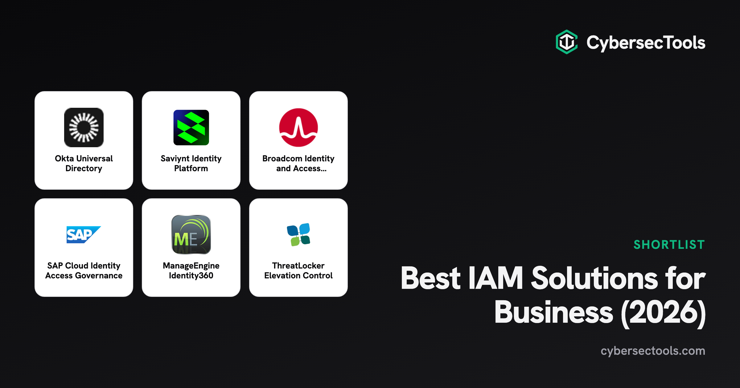Best IAM Solutions for Business (2026). Logos of Okta Universal Directory, Saviynt Identity Platform, Broadcom Identity an...