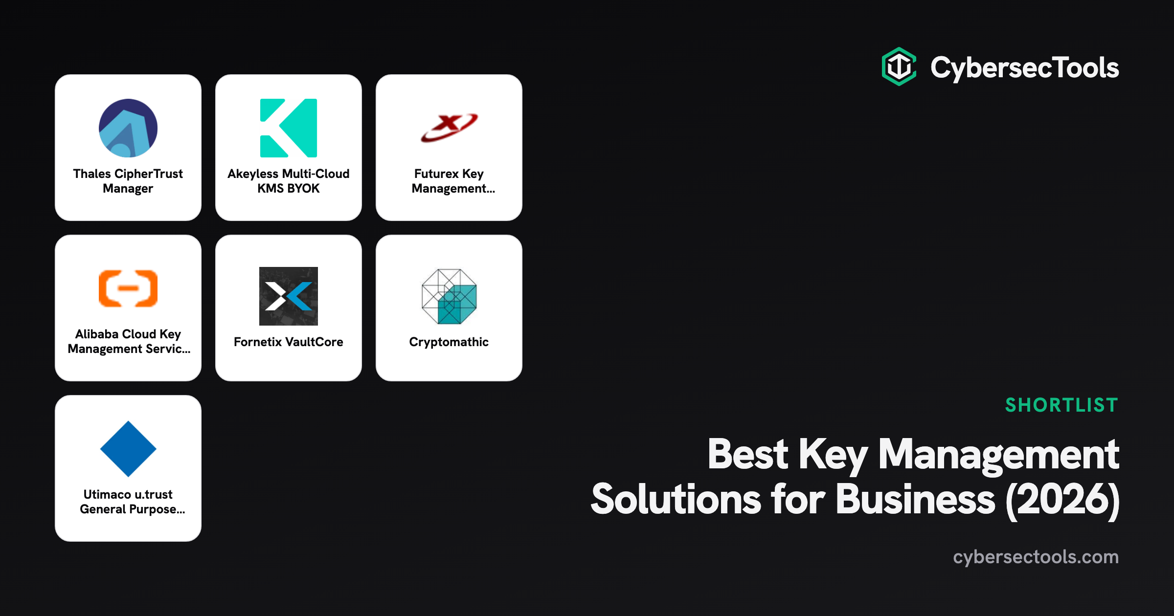 Best Key Management Solutions for Business (2026). Logos of Thales CipherTrust Manager, Akeyless Multi-Cloud KMS BYOK, Fut...
