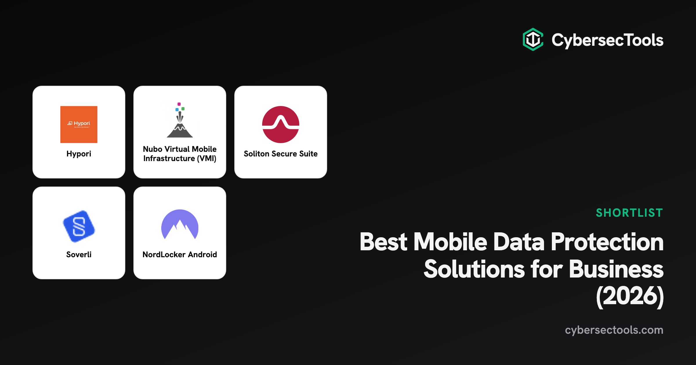 Best Mobile Data Protection Solutions for Business (2026). Logos of Hypori, Nubo Virtual Mobile Infrastructure (VMI), Soli...