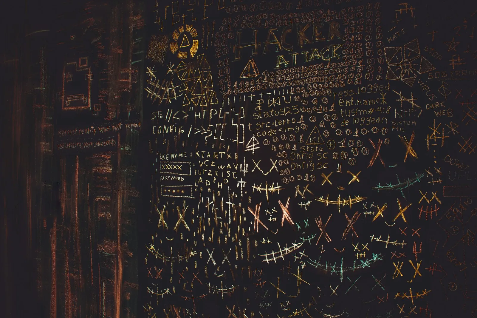 Best Phishing Simulation Tools in 2026 — Chalkboard filled with complex cybersecurity and hacking symbols in colorful chalk.
