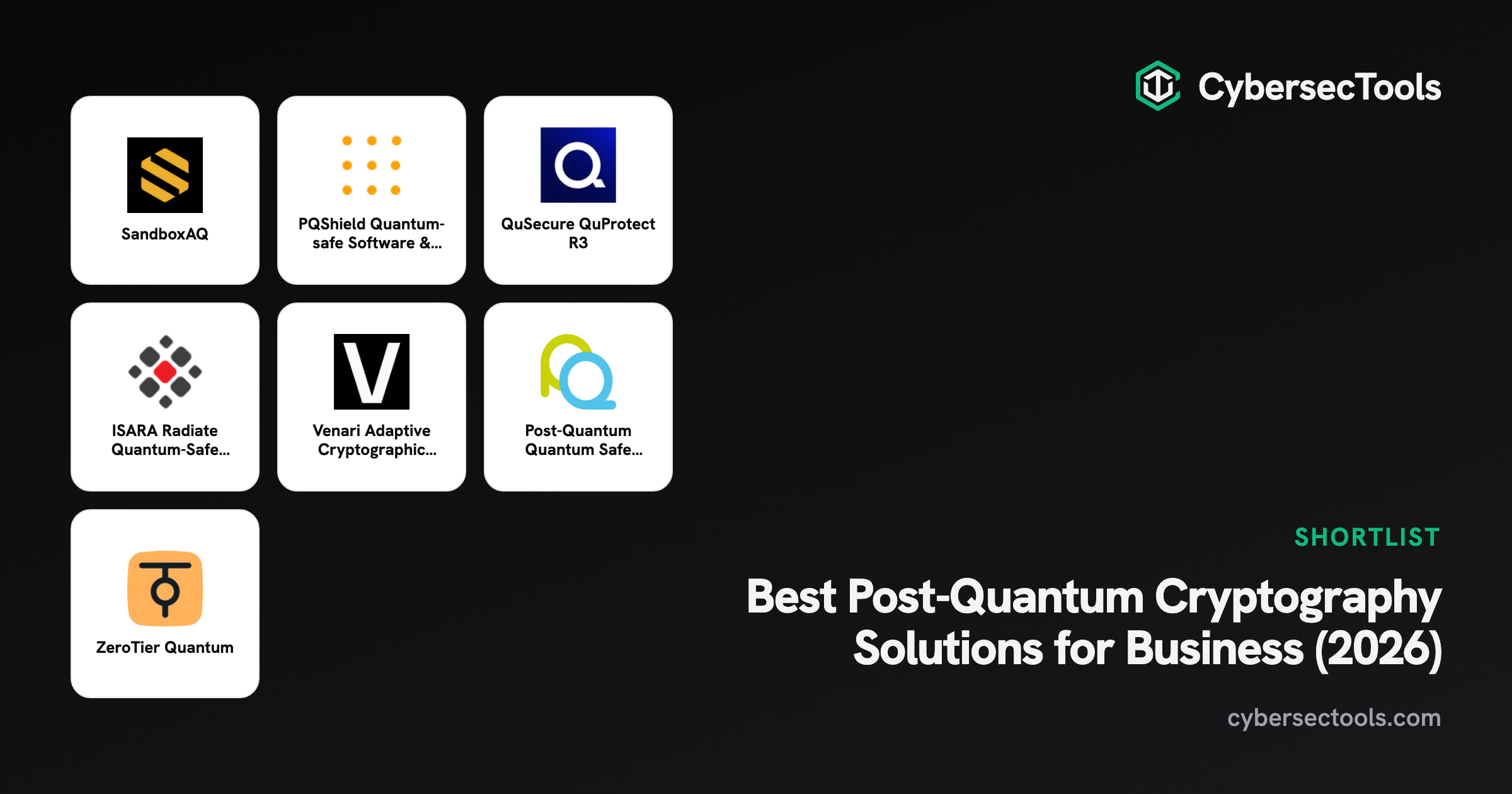 Best Post-Quantum Cryptography Solutions for Business (2026). Logos of SandboxAQ, PQShield Quantum-safe Software & Hardwar...