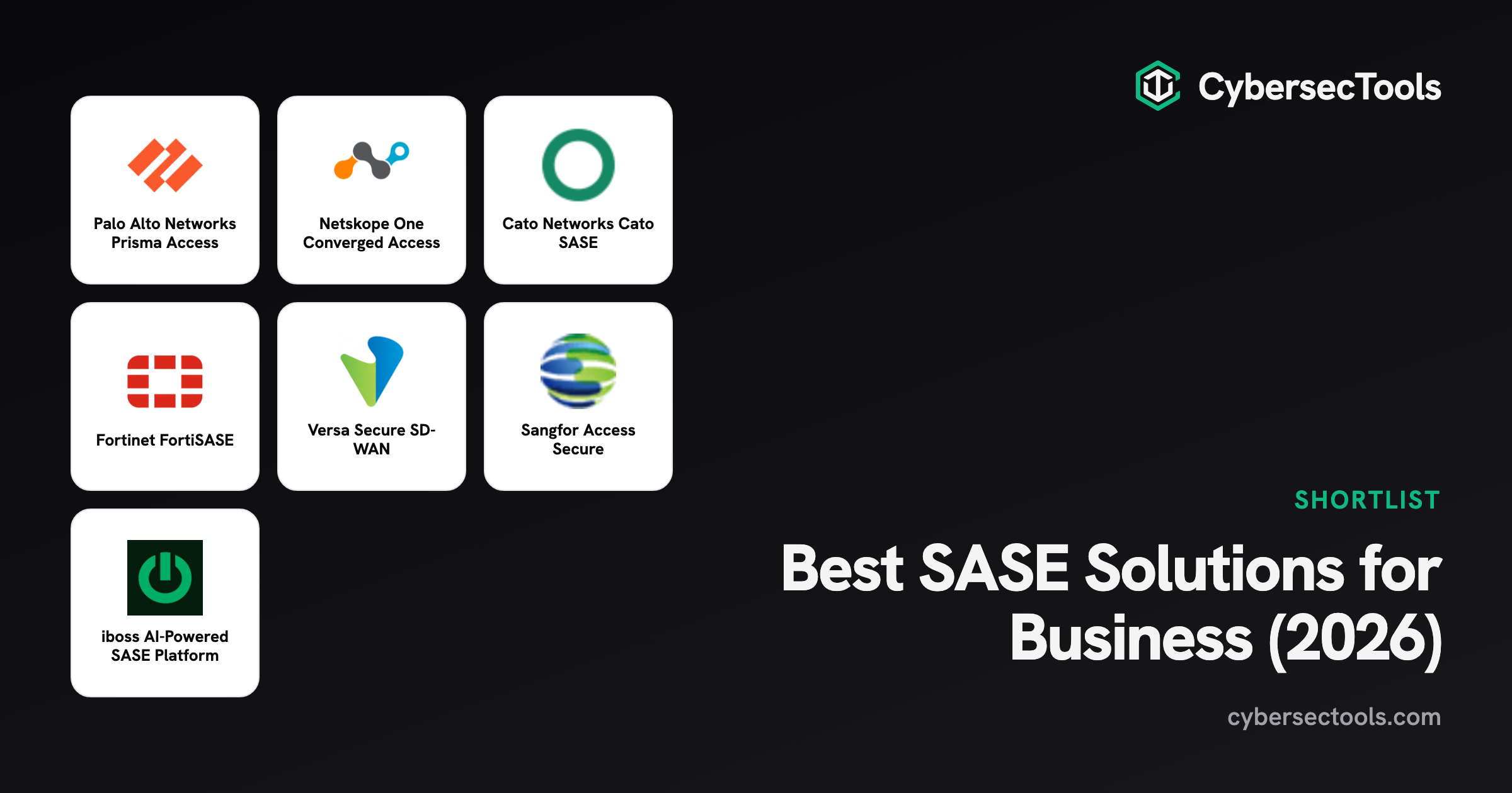 Best SASE Solutions for Business (2026). Logos of Palo Alto Networks Prisma Access, Netskope One Converged Access, Cato Ne...