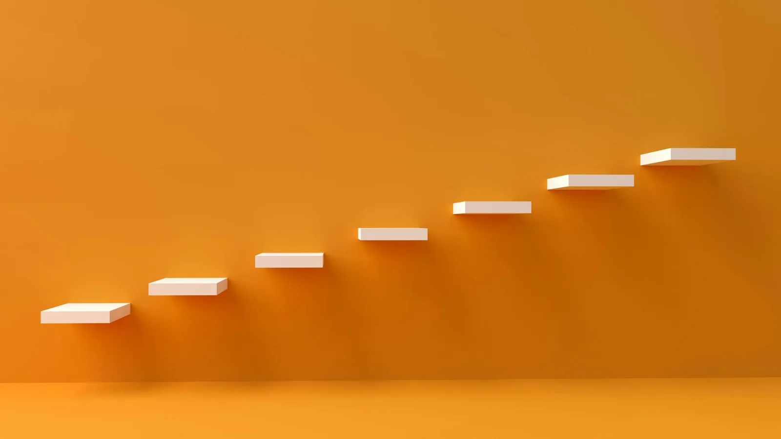 Govern Maturity Assessment: Where Most Programs Fall Short — White floating steps on vibrant orange wall create a minimalist…