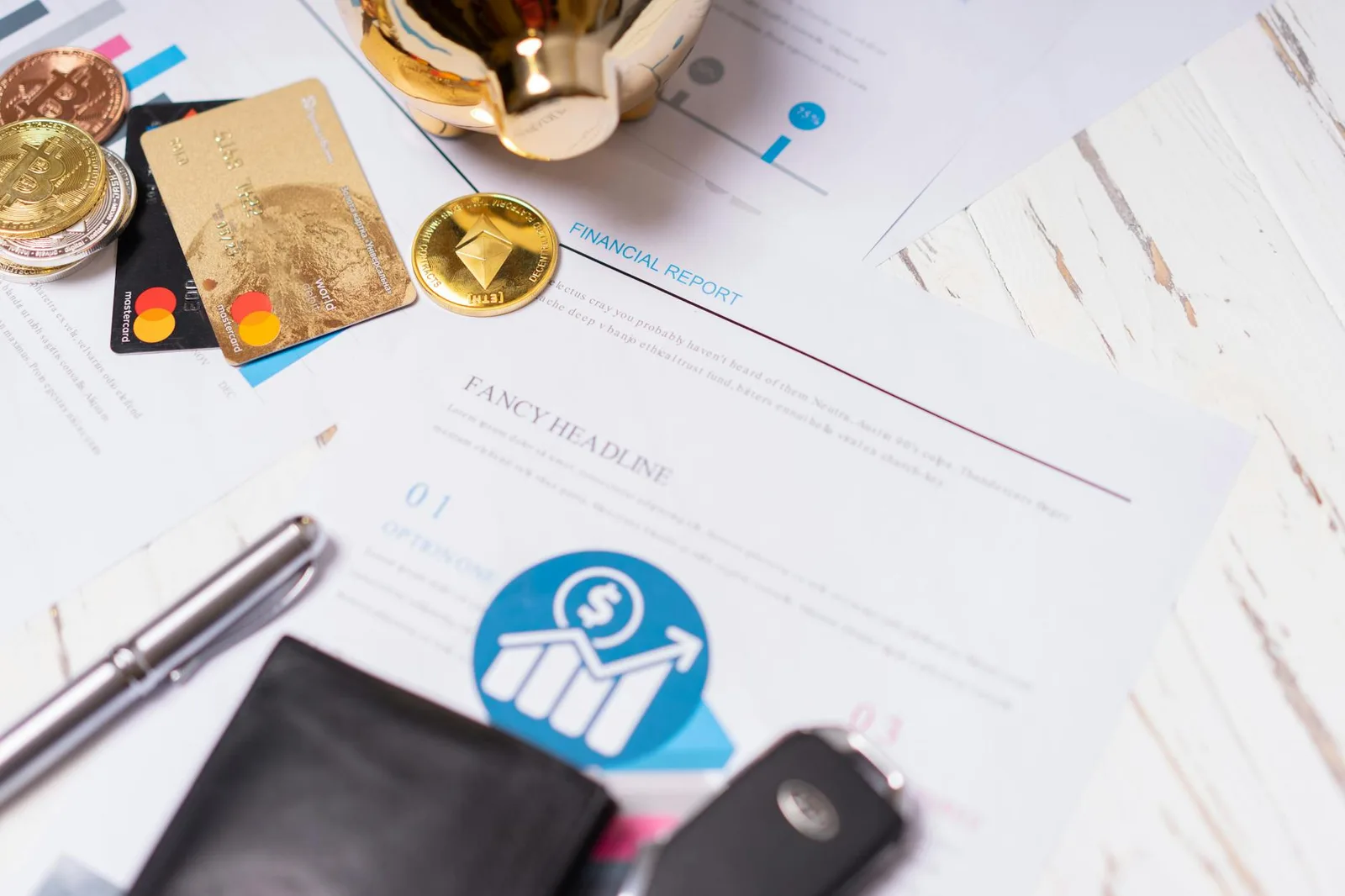 The 5 Security Metrics Your Board Actually Cares About — Close-up of financial documents, credit cards, coins, and a pen on a…